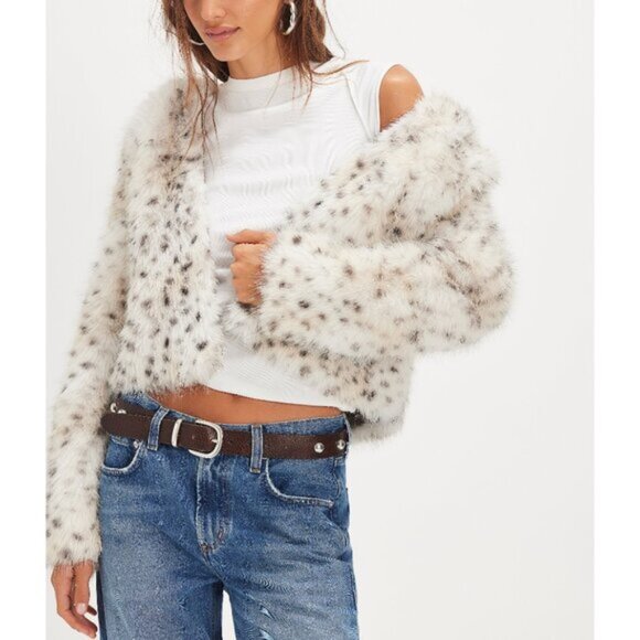 FREE PEOPLE Louder Please Hooded Faux Fur Jacket / Snow Leopard - Picture 1 of 8